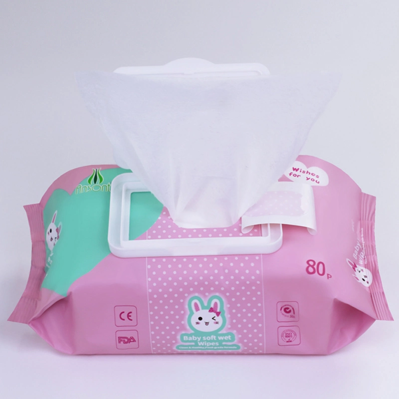 Custom Made Nonwoven 80PCS Baby Water Wipes Unscented with Plastic Lid & Sticker Opening
